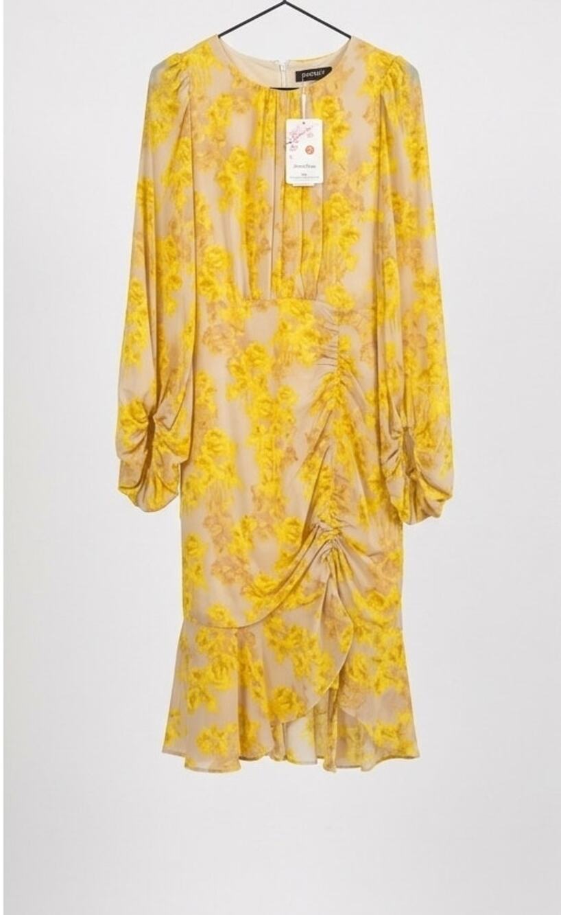 NWT Fall Floral Lantern Sleeve Ruched Fishtail Knee Length Dress Women's Sz S